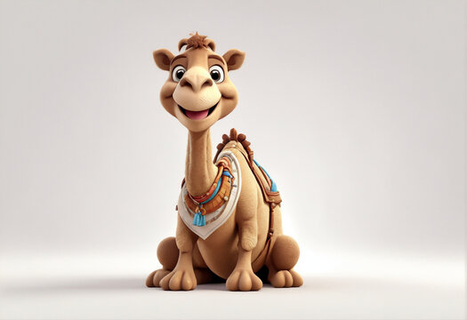 A charming 3D render of a baby camel on white background in the form of an cute adorable and lovable cartoon character