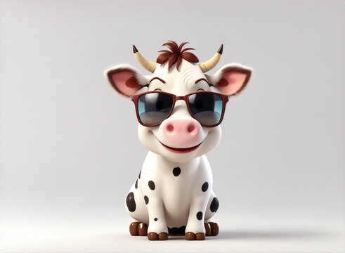 A charming 3D render of a baby cow wearing glasses on white background in the form of an cute adorable and lovable cartoon character