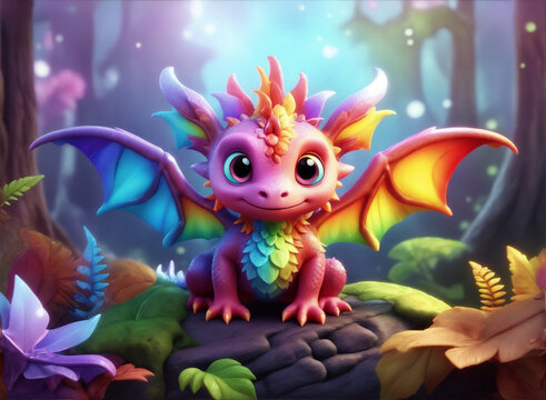 A charming 3D render of a colorful baby dragon in the form of an cute adorable and lovable fantasy cartoon character