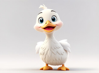 A charming 3D render of a baby white duck on white background in the form of an cute adorable and lovable cartoon character