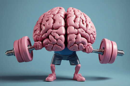 Depicting a powerful human 3d brain with hands and legs, lifting weights, symbolizing mental strength, memory, and intelligence. An image of learning, growth, and mental fortitude