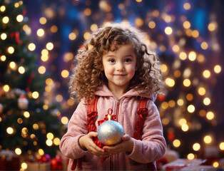 Fototapeta premium A little cute girl with curly hair holds a Christmas tree decoration in her hands against a background of bokeh lights.