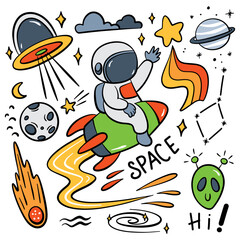 hand drawn space and astronaut cartoon doodle illustration