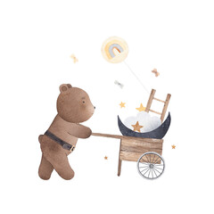 A cute bear is transporting the moon, cloud and stars in a wooden cart. The teddy bear is dreaming. Watercolor illustration.