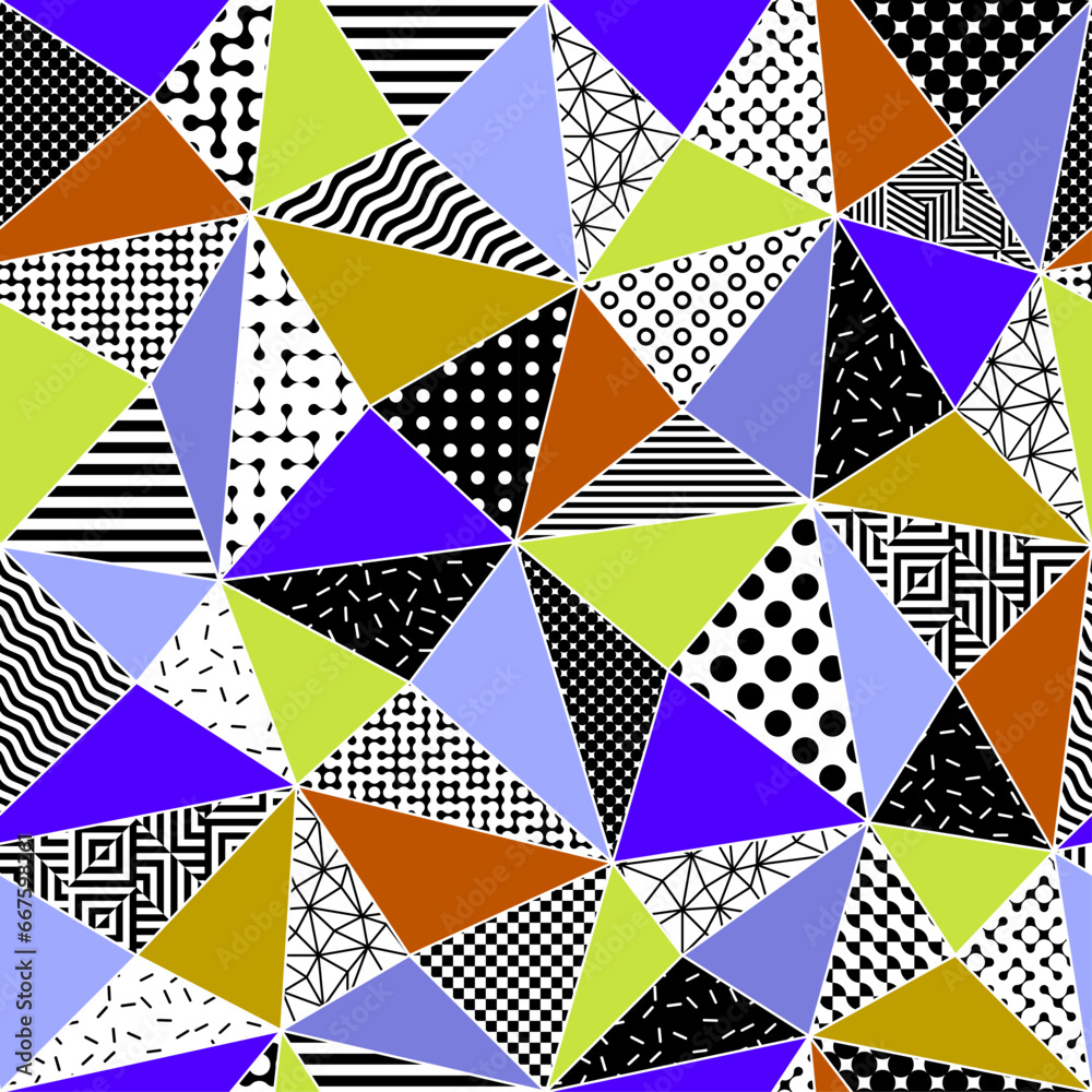 Poster Modern vector abstract geometric seamless pattern, background with stripes, rectangles and squares in retro scandinavian style. Abstract mosaic artwork.