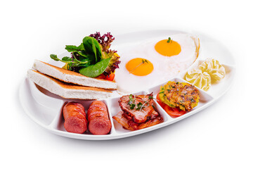 English Breakfast with Sausages, Bacon, and Toast