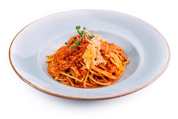 Spaghetti bolognese with parmesan cheese and tomatoes