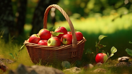 A basket of apples on the grass

