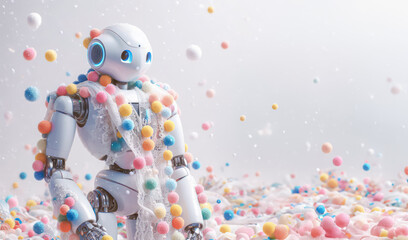 Robot wearing a scarf and colorful candies pompons in the snow background with copy space. - obrazy, fototapety, plakaty