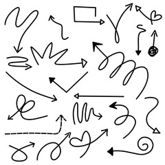 Fototapeta premium Infographic elements on isolated white background. Hand drawn simple arrows. Set of different pointers. Black and white illustration