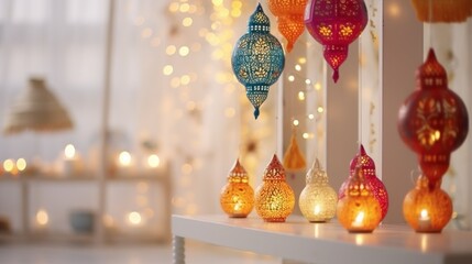 Diwali home decoration ideas. Diwali Deepavali festive colorful bright home decor with traditional combination of lights, diyas, rangoli, flowers, urlis,