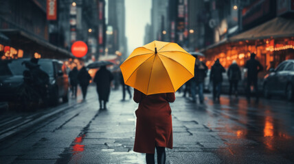 A Woman is holding a yellow umbrella and walking on a city street. Rainy weather. Bokeh background with pedestrians and city lights.