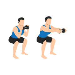 Man doing dumbbell chest press squat exercise. Flat vector illustration isolated on white background