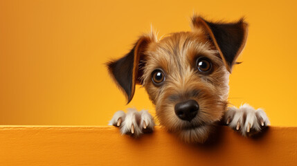 Adorable dog poses against a bright orange backdrop. The dog's charming expression and vibrant setting create a delightful and visually striking portrait.