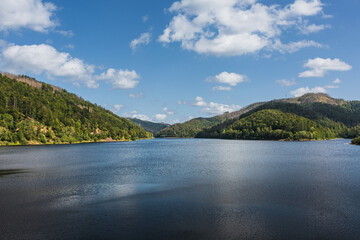 Odertal reservoir in front of the Harz Mountains Germany, Europe