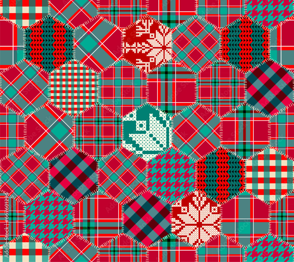 Poster Patchwork textile pattern. Seamless quilting design background. Merry Christmas cozy pattern.
