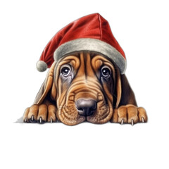 Bloodhound puppy wearing Santa Hat isolated on transparent background - obrazy, fototapety, plakaty