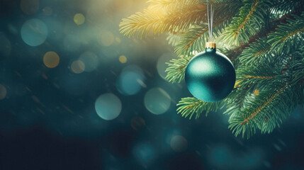 Christmas tree decoration with blue bauble on bokeh background with copy space.