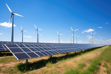 Creating sustainable energy using solar panels and wind farms is enterprise friendly. The concept of clean and sustainable development. Generative AI