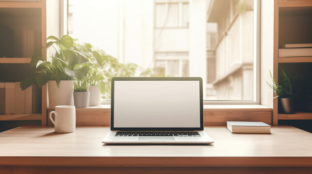 Closeup, Comfortable, minimal workspace interior design, opened laptop screen mockup on wood table near window