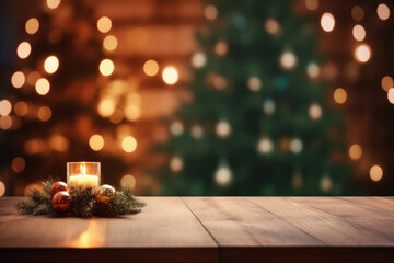 Wooden table with burning candle and christmas tree on blurred background. - Powered by Adobe
