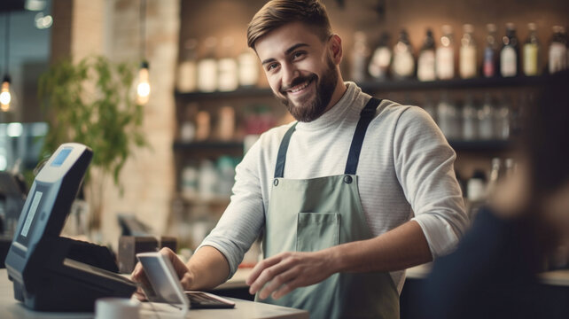 Portrait of young male cashier, small business cafe cafeteria, atmospheric shot of cashier working in store.


