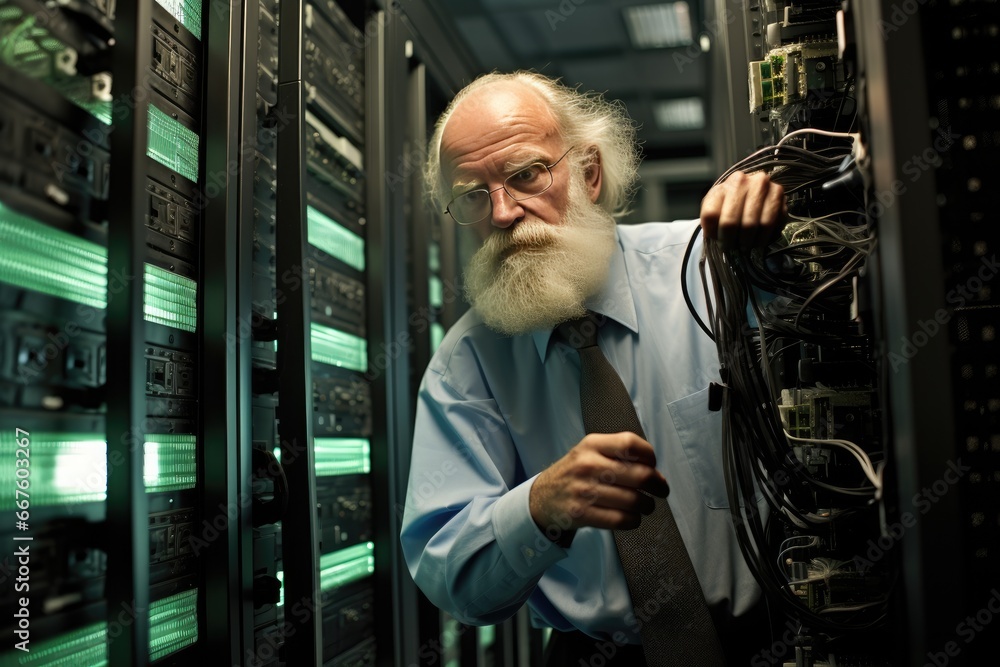 Poster senior it professional installing server equipment in digital room, building reliable infrastructure