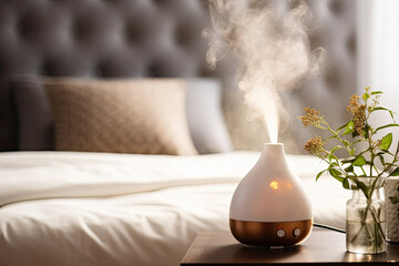 Modern humidifier and diffuser for home aromatherapy. Enjoy fragrant steam and improved air quality in your living room, bedroom. - obrazy, fototapety, plakaty