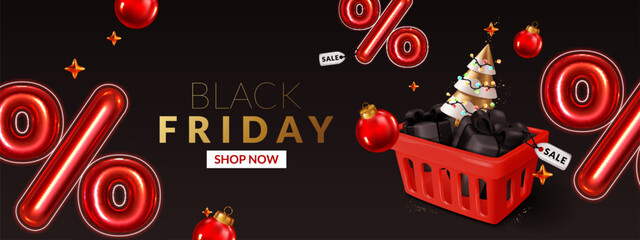 Black Friday concept banner with shopping basket with black gifts, christmas balls, fir tree, ribbons and confetti.	