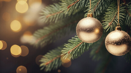Christmas tree branch with golden balls on bokeh lights background.
