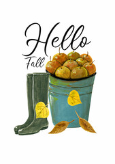 Hello Fall Composition with apples, rain boots and falling leaves