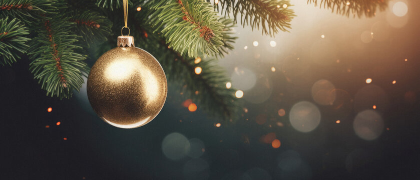 Christmas tree branch with golden bauble on bokeh background.