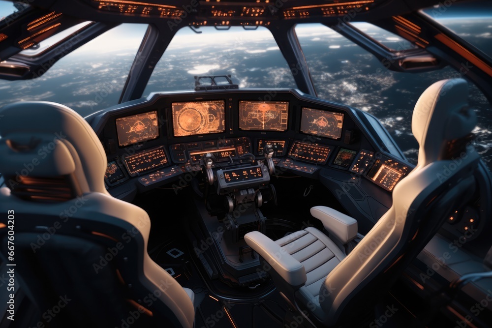 Poster A spaceship cockpit that combines futuristic technology and design.