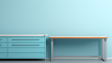 Minimalist workshop with workbenches and copy space on blue wall.