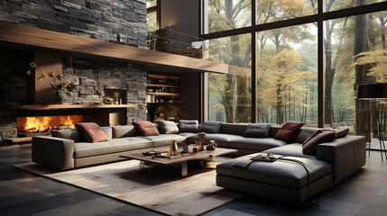 Large Living Room with High Ceilings with a Large Gray Sofa Panoramic Window Interior Background