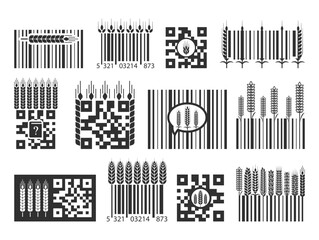 Barcode and QR code with wheat shopping price identification black line label set vector flat