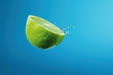 A lime falls from the sky and plummets into a body of water, leaving a splash in its wake - obrazy, fototapety, plakaty