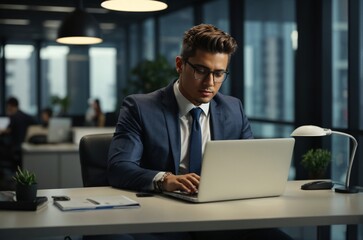 Young Businessman sitting in contemporary office working with laptop computer, business portrait.
