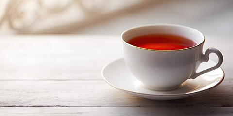 Morning serenity. Closeup of hot red tea cup on wooden table. Healthful start. Herbal for fresh. Time elegance. White porcelain teacup on black saucer - obrazy, fototapety, plakaty
