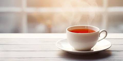 Foto auf Acrylglas Morning serenity. Closeup of hot red tea cup on wooden table. Healthful start. Herbal for fresh. Time elegance. White porcelain teacup on black saucer © Bussakon