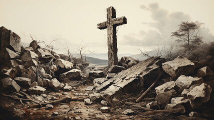 Christian Cross Mountain Top Grunge Black and White Background - obrazy, fototapety, plakaty