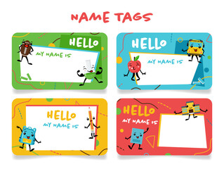 Name tag for kids with funny cartoon character and place for text set vector illustration