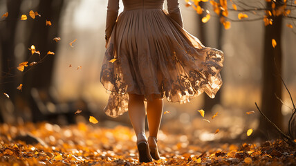autumn background September, Indian summer, a girl in a light skirt fluttering in the wind kicks leaves, leaf fall and dry foliage flies from trees