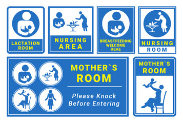 Nursing room labels blue minimalist sticker design template set vector flat illustration