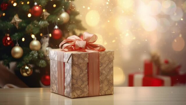 Sparkling lights background with shimmering gold wrapped present. Holiday season.