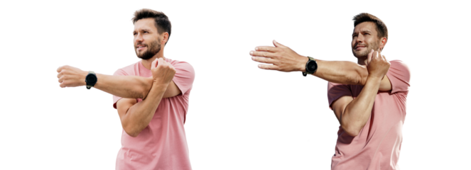 Warm-up Runner male athlete fitness exercise warm-up, active and healthy lifestyle. Collage of photos of sports people. Transparent isolated background.