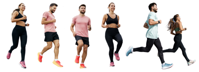 Runners sports people photo collage. Warm-up runner male and female athletes fitness exercises warm-up. Active and healthy lifestyle. Transparent isolated background.
