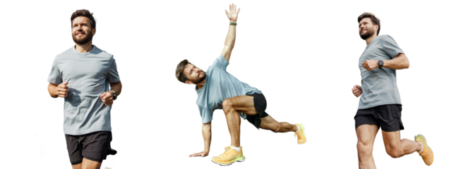 Runner male athlete fitness exercises plank warm-up, active and healthy lifestyle. Motivation for sports. Transparent isolated background.