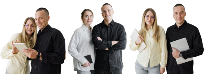 People office colleagues employees of the laptop company. Friends work startup. Transparent isolated background.