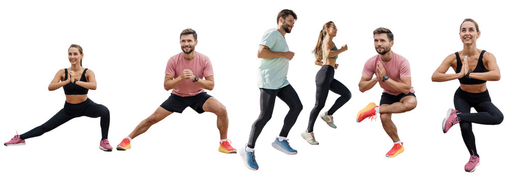 Warm-up runner male and female athletes fitness exercises warm-up, active and healthy lifestyle. Collage of photos of sports people. Transparent isolated background.